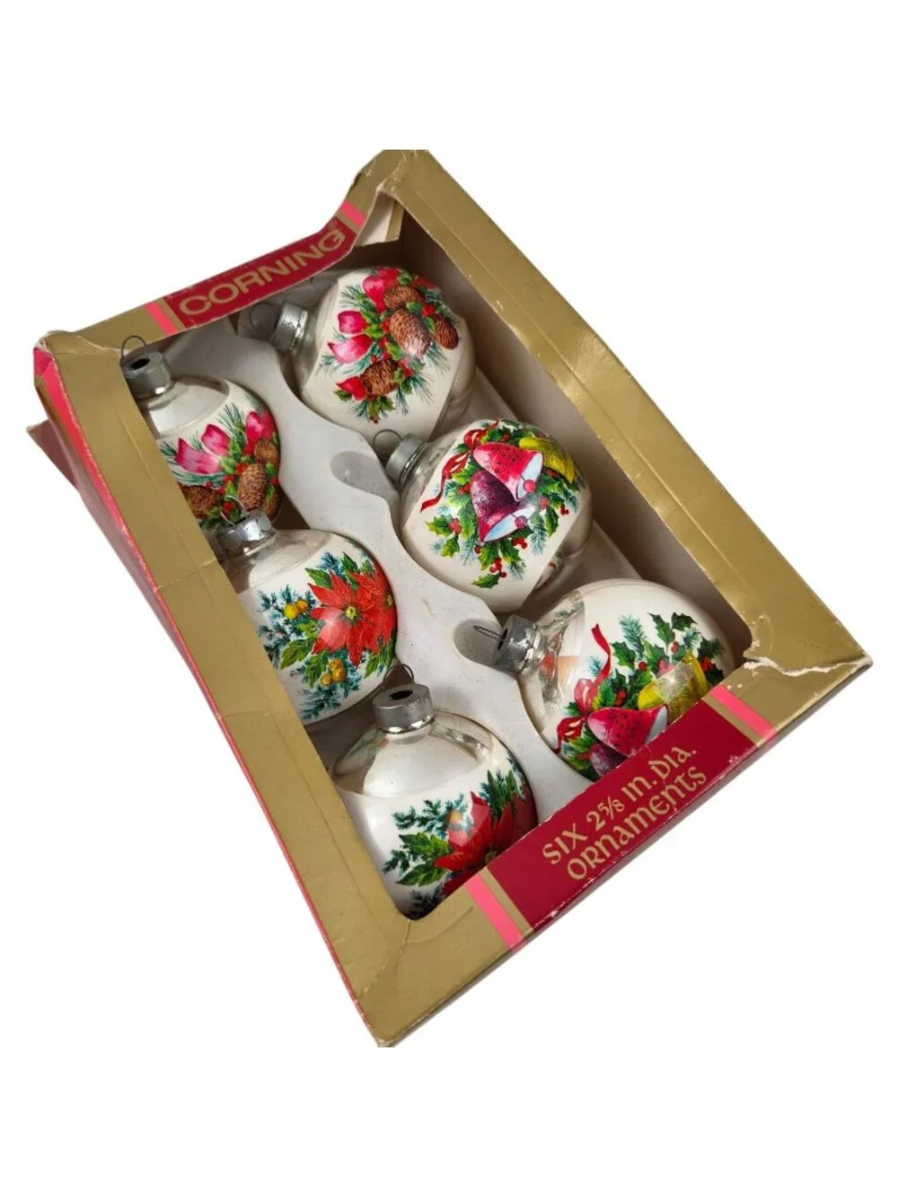 Vintage Corning 2.5 Glass Christmas Ornaments Set Of 6 With Holiday Designs & Or